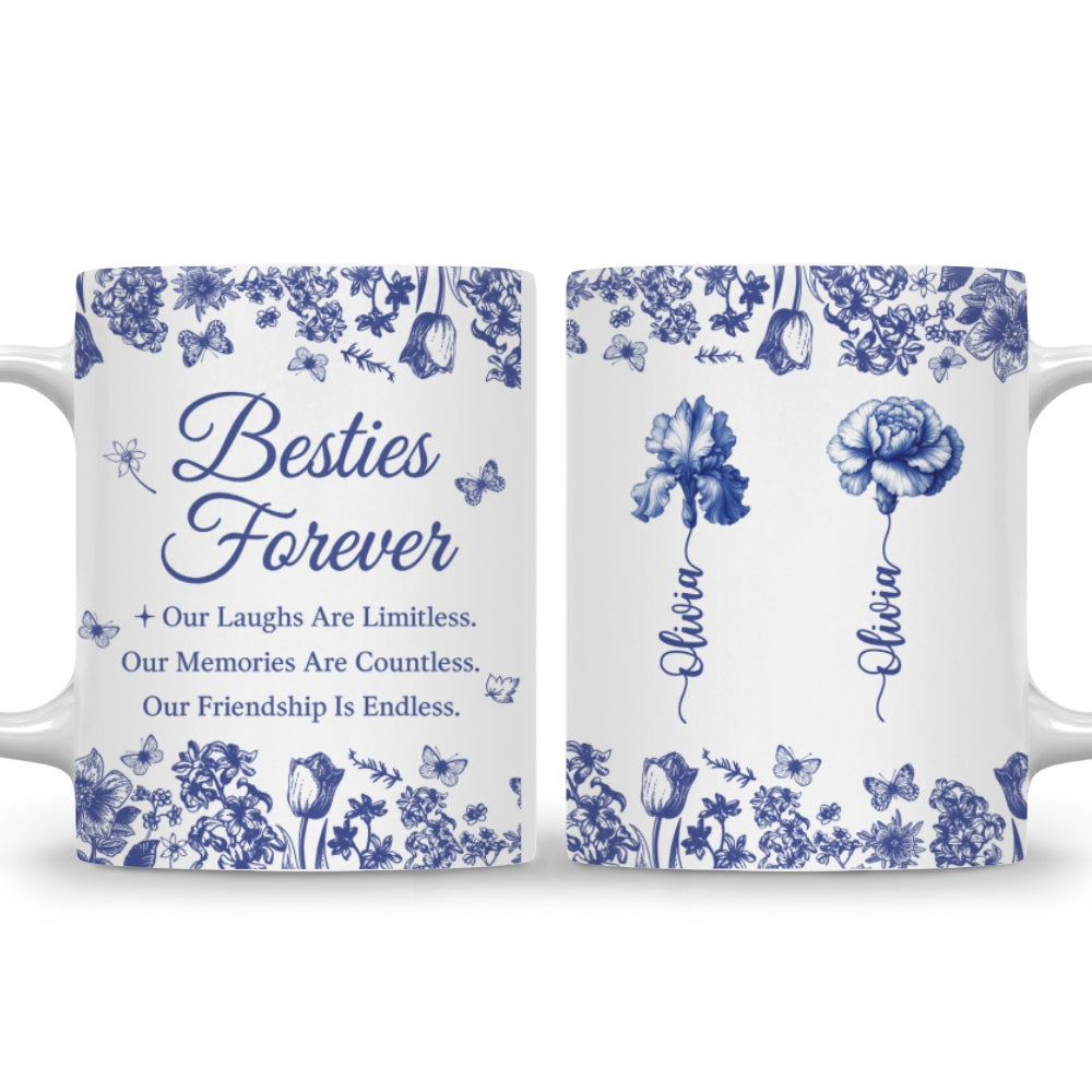 Besties Forever Blue Toile - Personalized Custom Coffee Mug