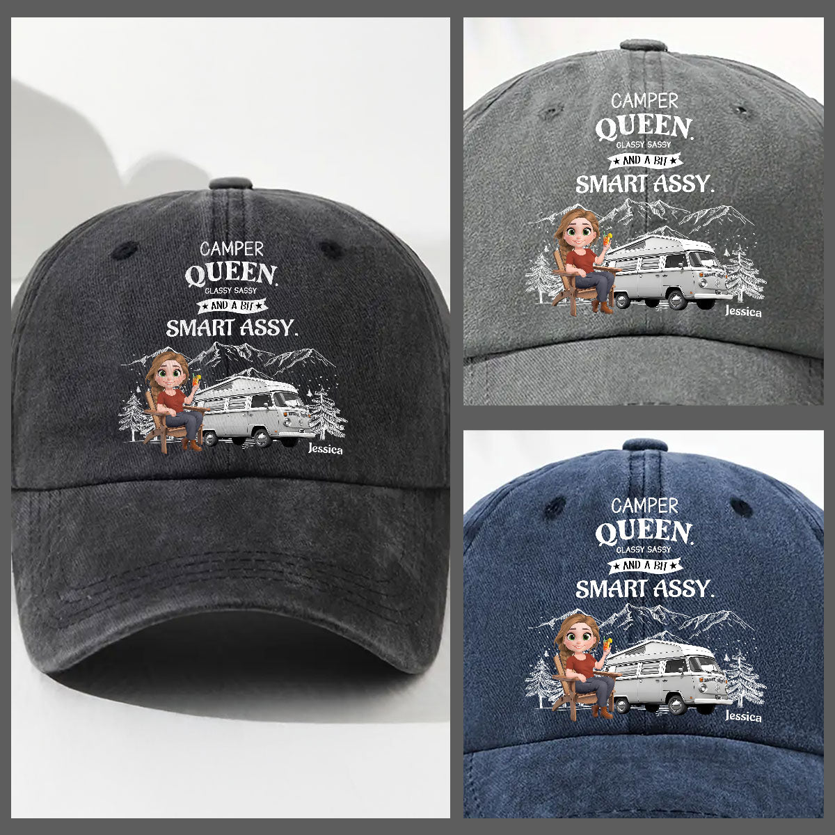 Truly A Queen Of Campers - Personalized Custom Vintage Washed Denim Cap