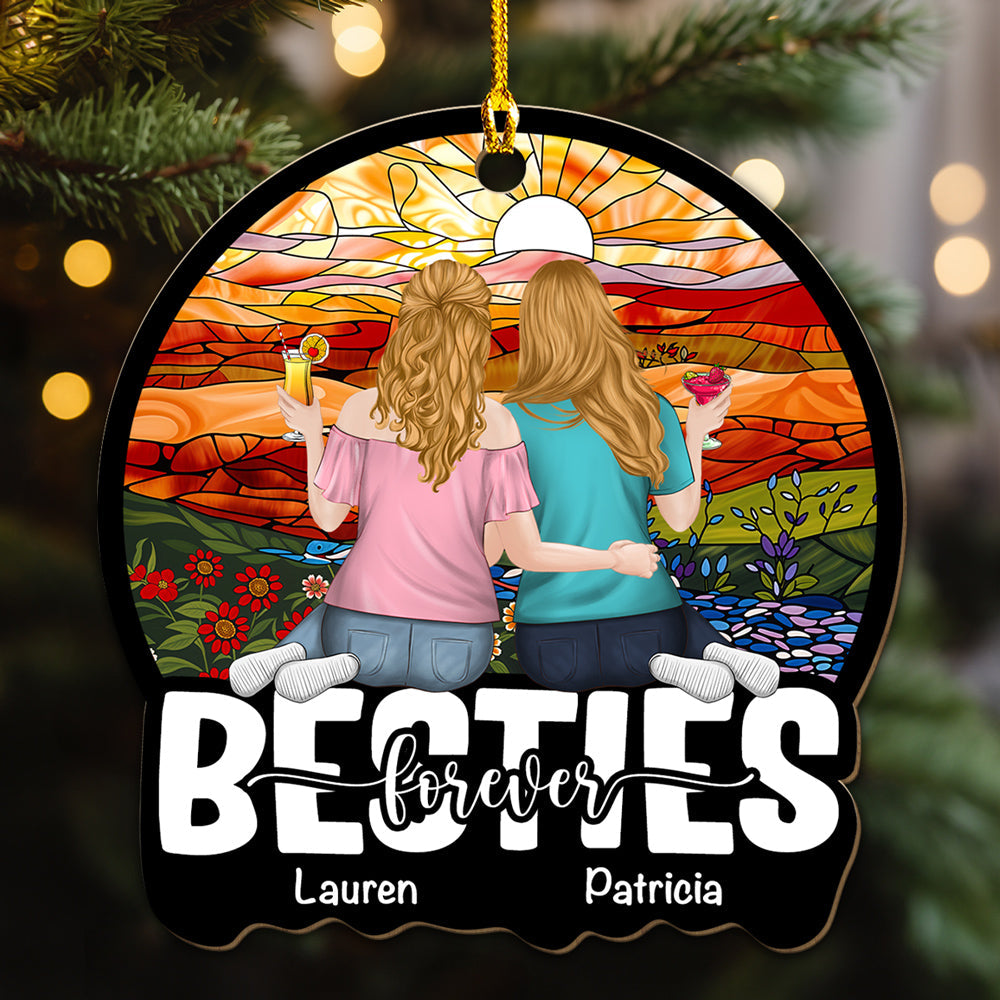 Besties Sitting Together - Personalized Custom Wood Ornament