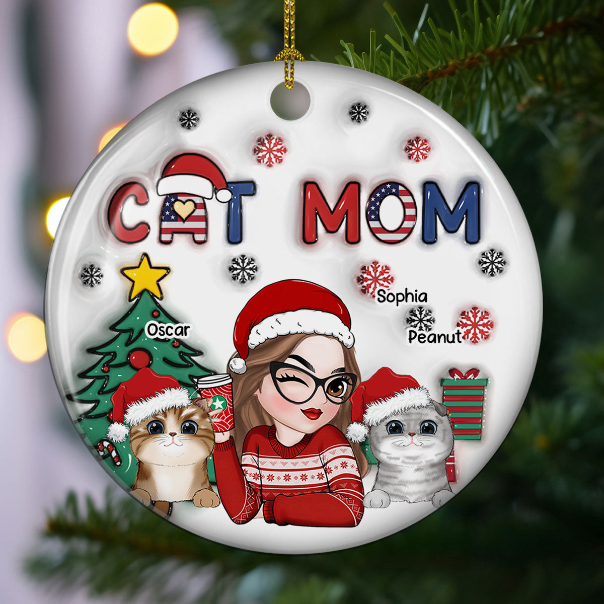 American Cat Mom Christmas - Personalized Custom 3D Inflated Effect Ceramic Ornament