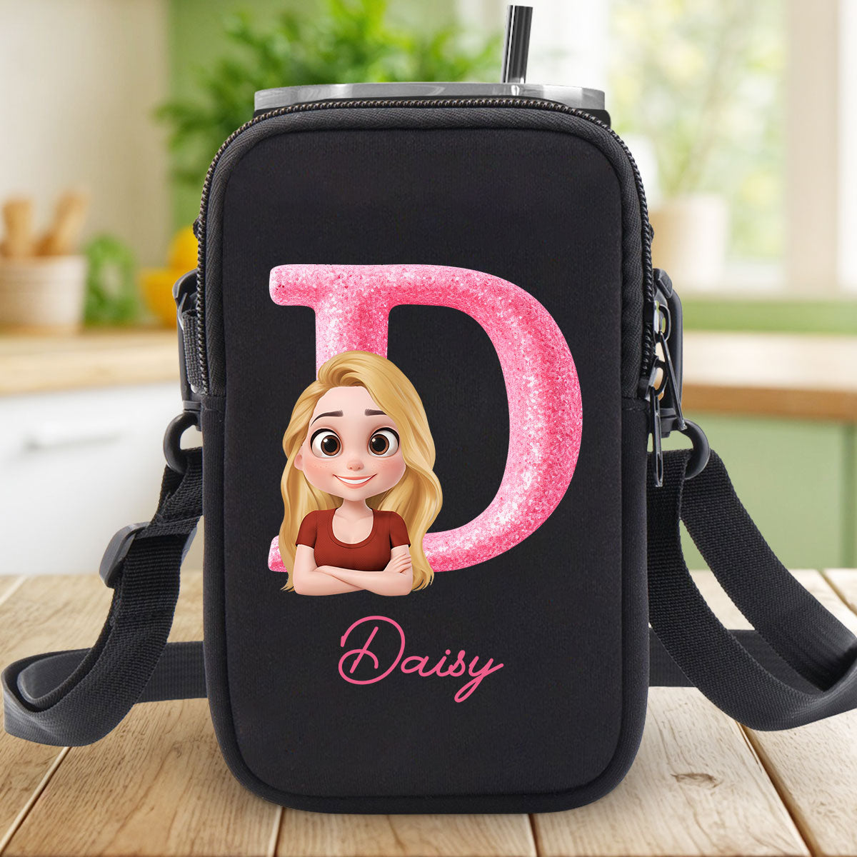 Glitter Alphabet Cartoon - Personalized Custom Water Bottle Carrier Bag