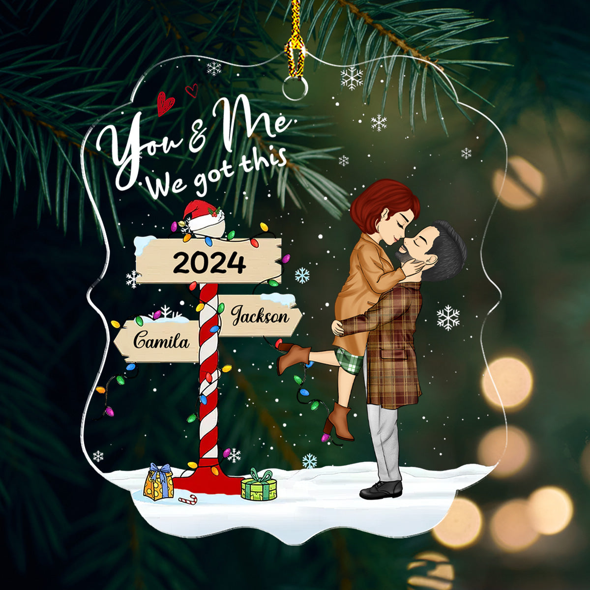 Winter Couple Hugging Kissing In The Snow - Personalized Custom Acrylic Ornament