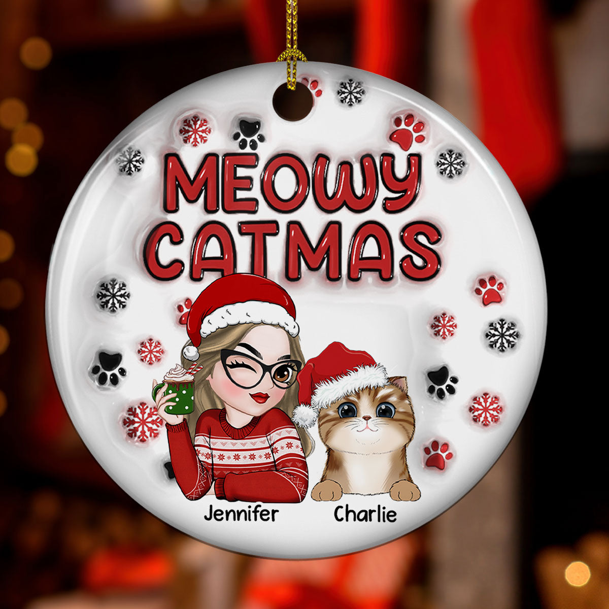 Meowy Catmas Cat Mom - Personalized Custom 3D Inflated Effect Ceramic Ornament