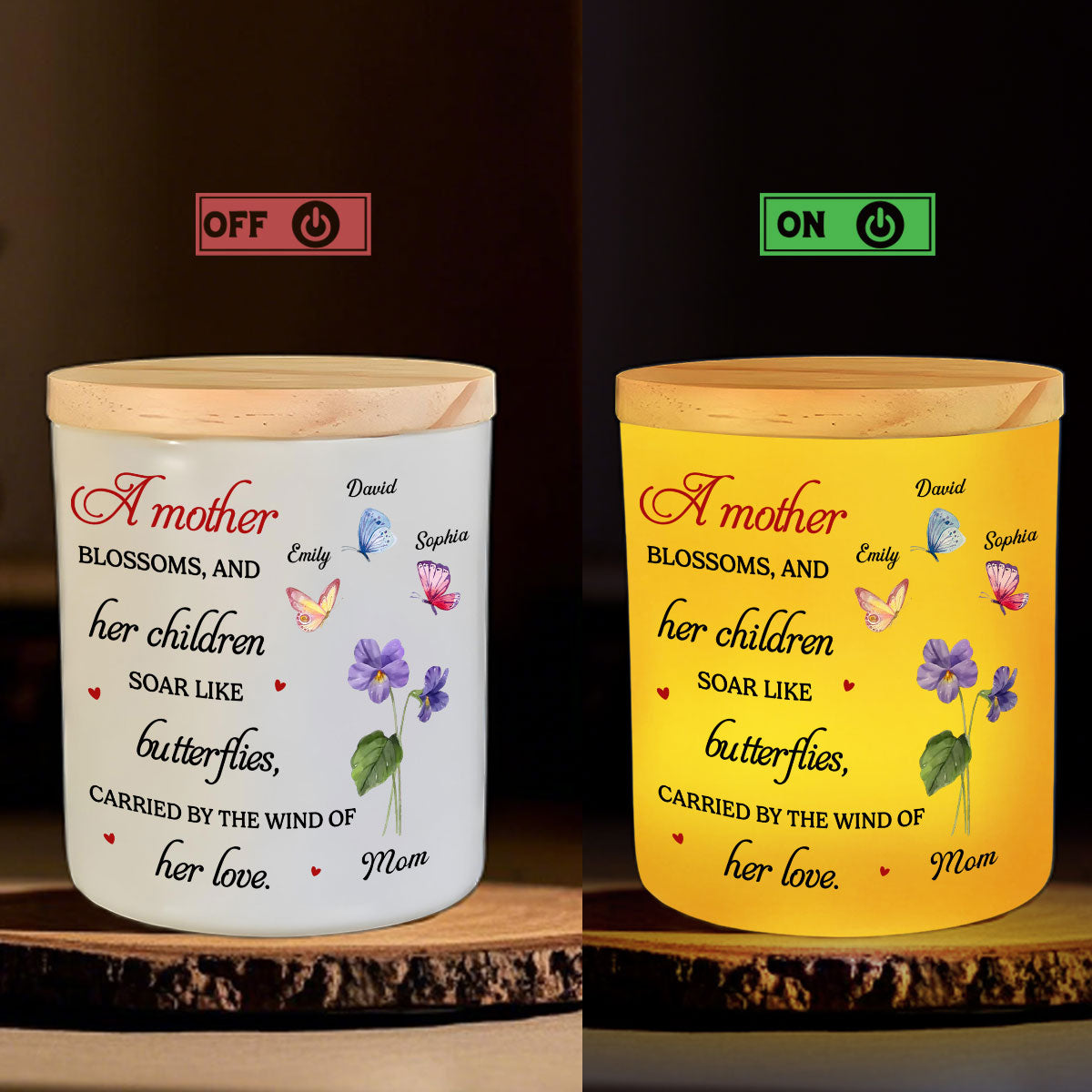 A Mother Blossoms - Personalized Custom Glass Jar With LED Candle