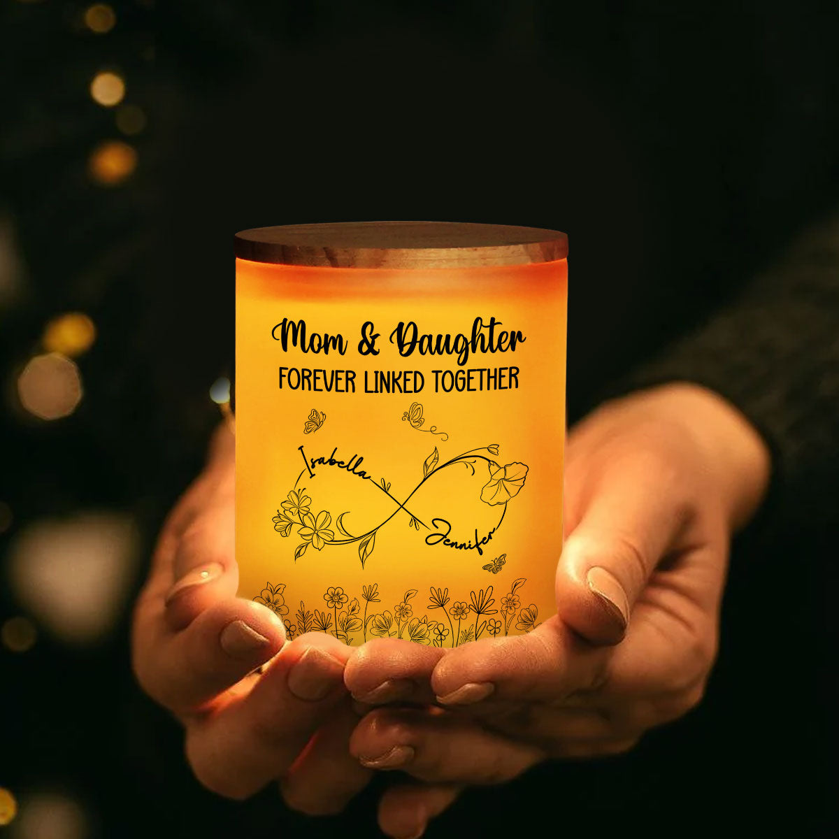 Mom And Daughter Forever Linked Together - Personalized Custom Glass Jar With LED Candle