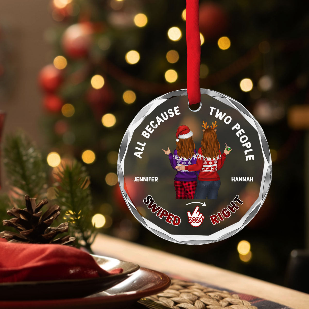Two People Swiped Right - Personalized Custom Glass Ornament