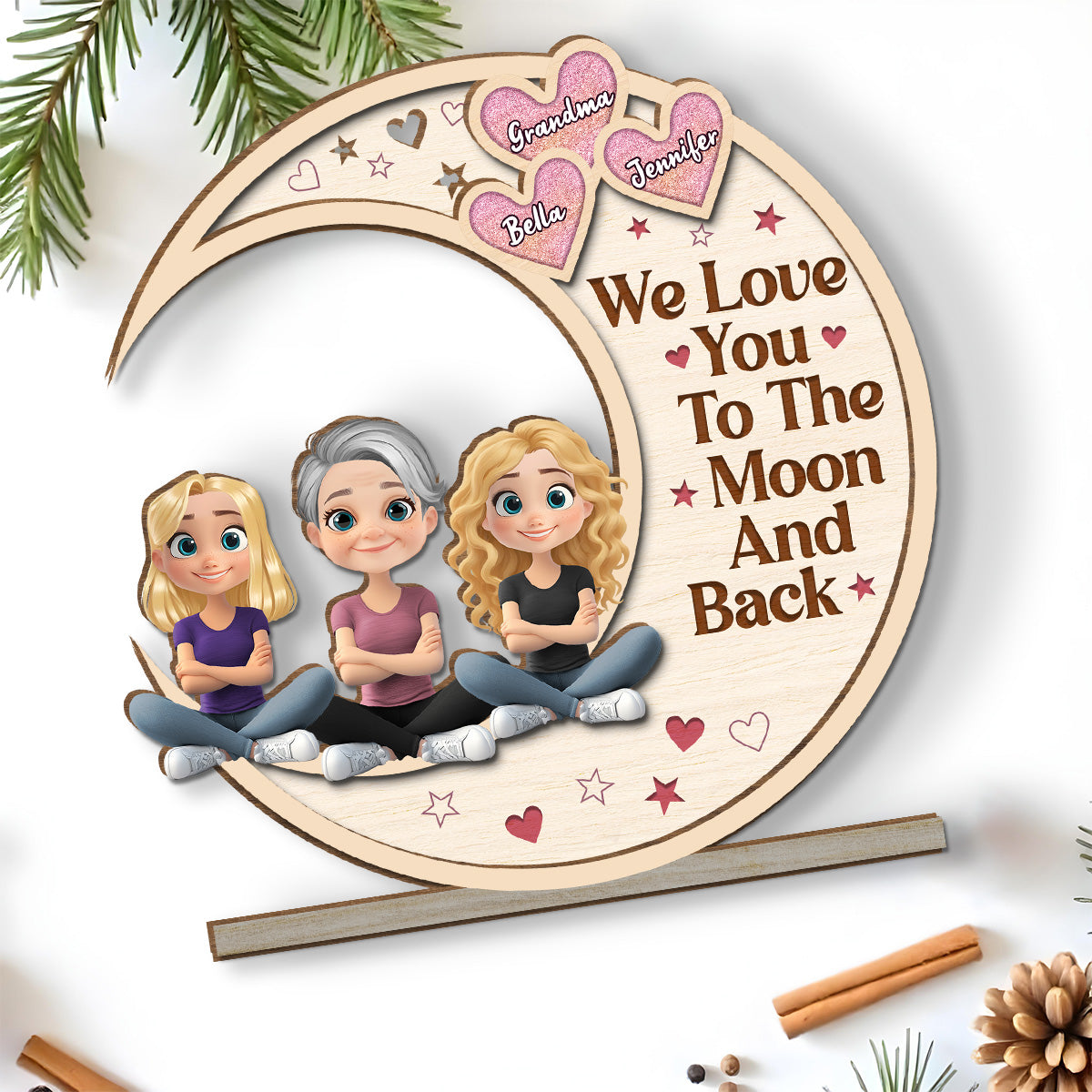 Grandma And Granddaughter Sitting In The Moon - Personalized Custom 2-Layer Wood Plaque With Flat Base