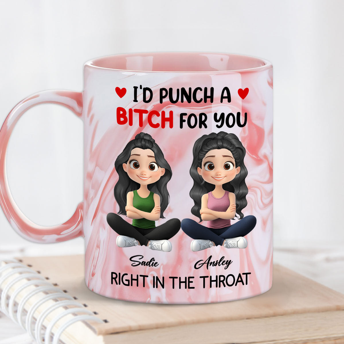 I Punch A Bitch For You My Friend Chibi Cartoon - Personalized Custom Pink Marble Mug