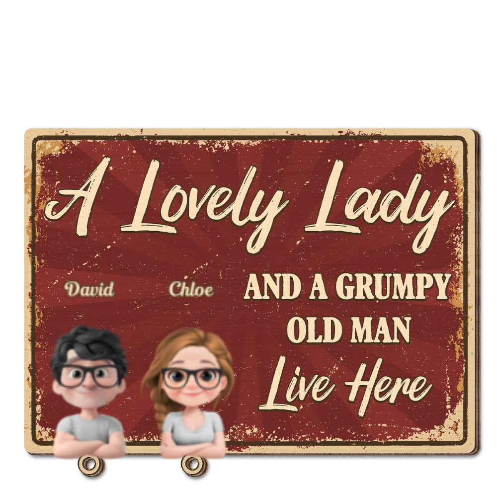 A Lovely Lady And A Grumpy Man - Personalized Custom Wooden Key Holder With Keychain