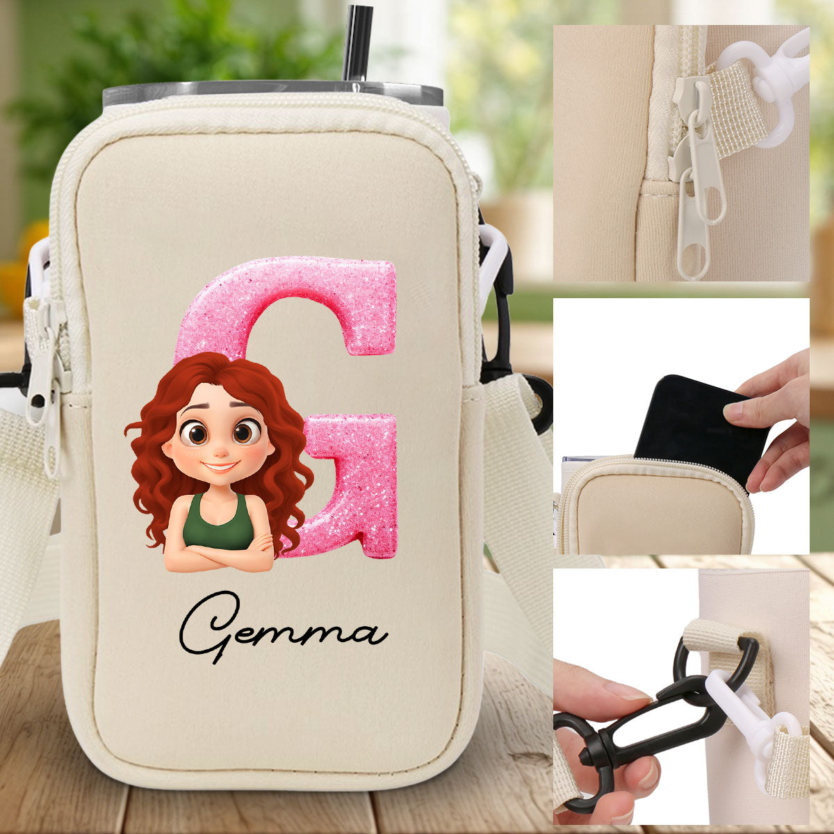 Glitter Alphabet Cartoon - Personalized Custom Water Bottle Carrier Bag