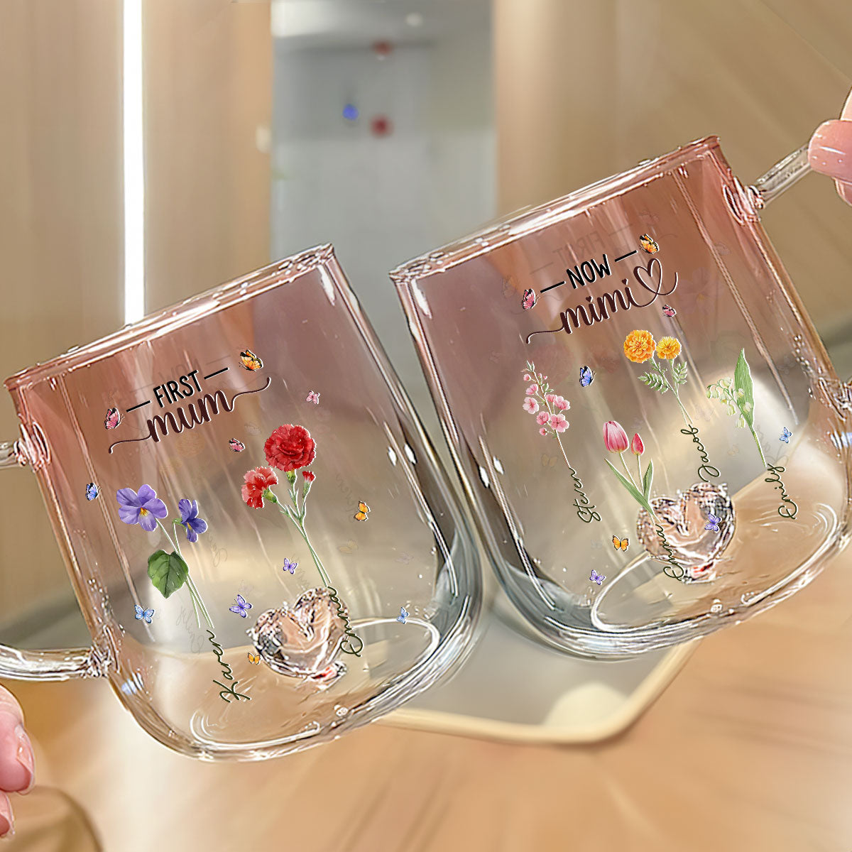 First Mom Now Grandma Flower - Personalized Custom Pink Gradient Glass Mug