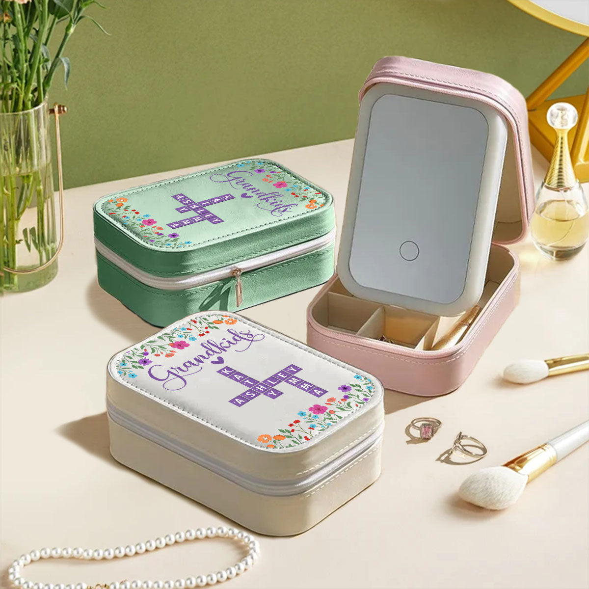 Love Grandkids - Personalized Custom Jewelry Box With LED Mirror