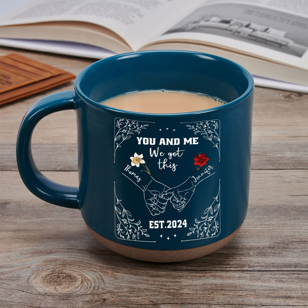 Birth Flower Hands In Hands - Personalized Custom Pottery Mug
