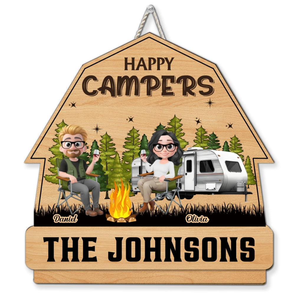 Husband And Wife Camping Partners For Life Cartoonize - Personalized Custom Wood Sign