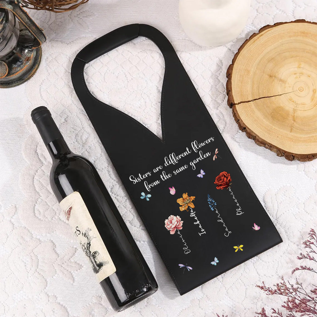 Sisters Are Different Flowers - Personalized Custom Leather Wine Bag