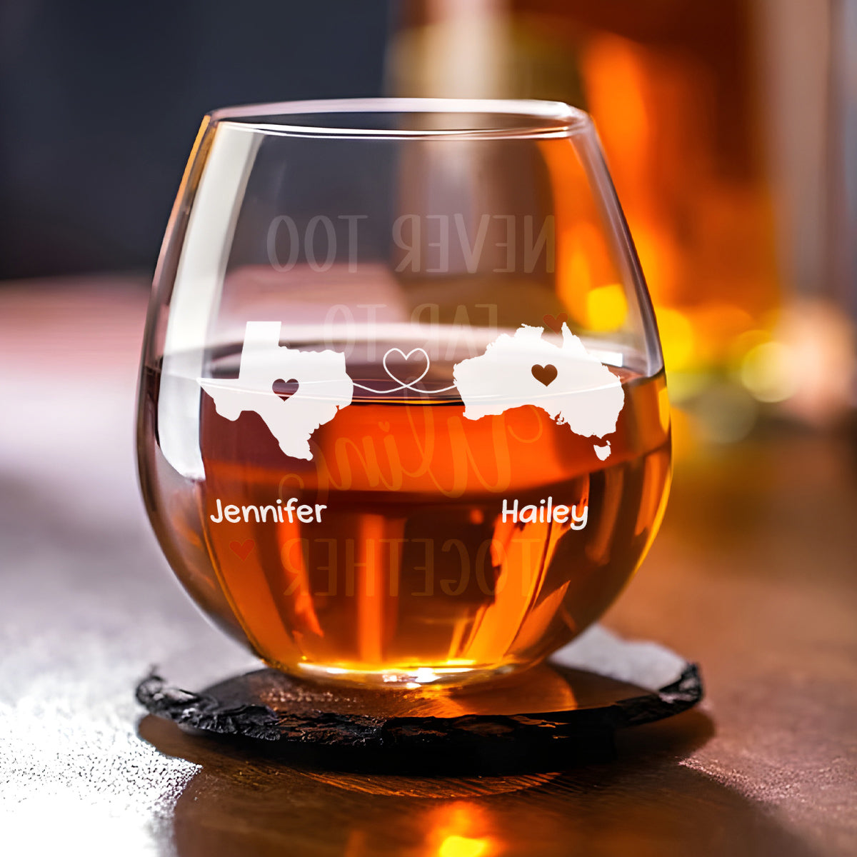 Never Too Far To Wine Together - Personalized Custom Wine Glass