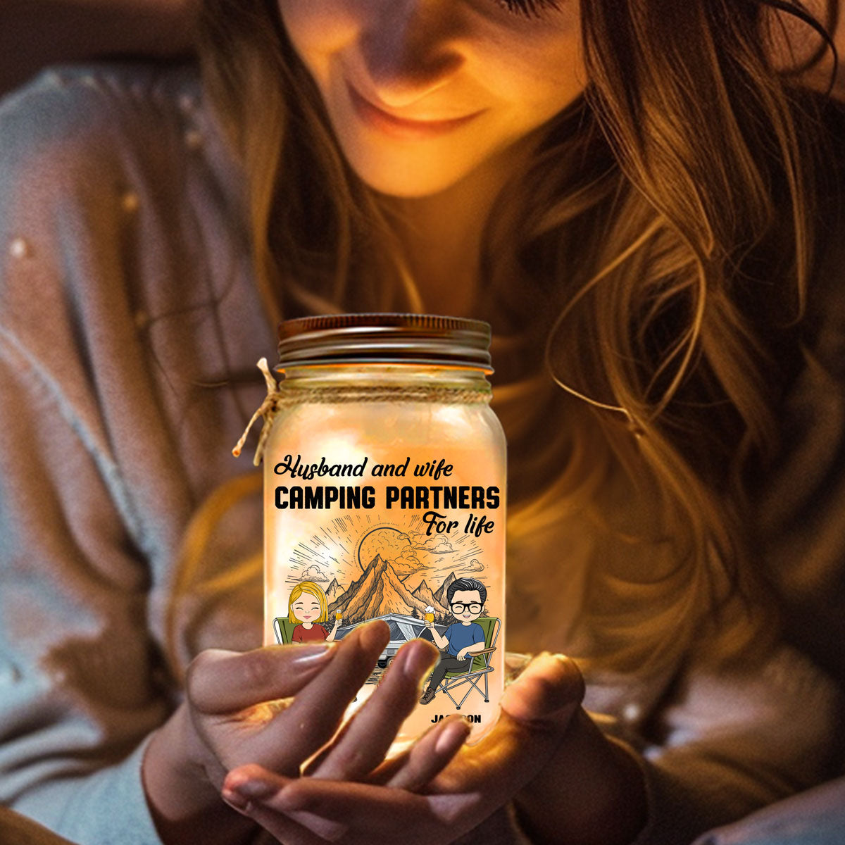 Husband And Wife Camping Partners For Life  - Personalized Custom Mason Jar Light