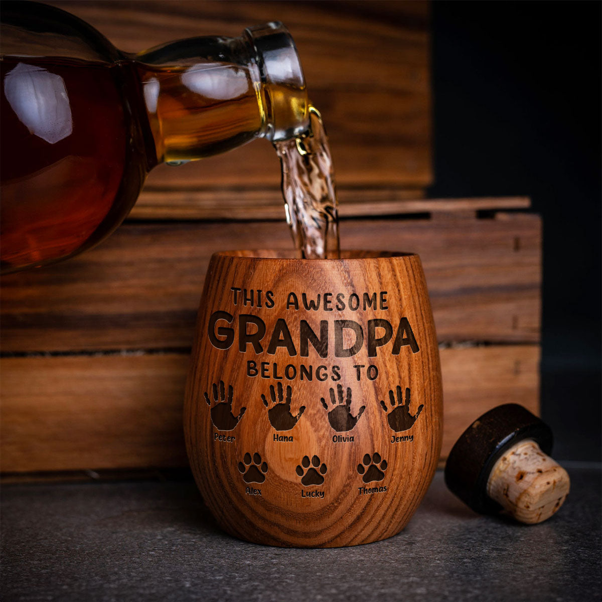 This Awesome Daddy Belongs To - Personalized Custom Engraved Wooden Whiskey Glass
