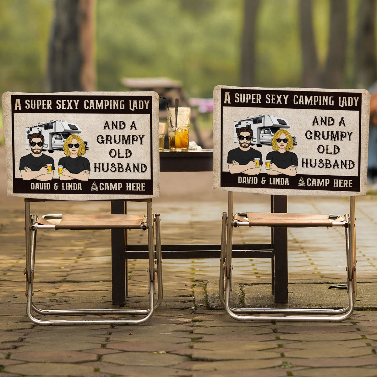 Sexy Camping Lady And Grumpy Old Husband - Personalized Custom Camping Chair Cover