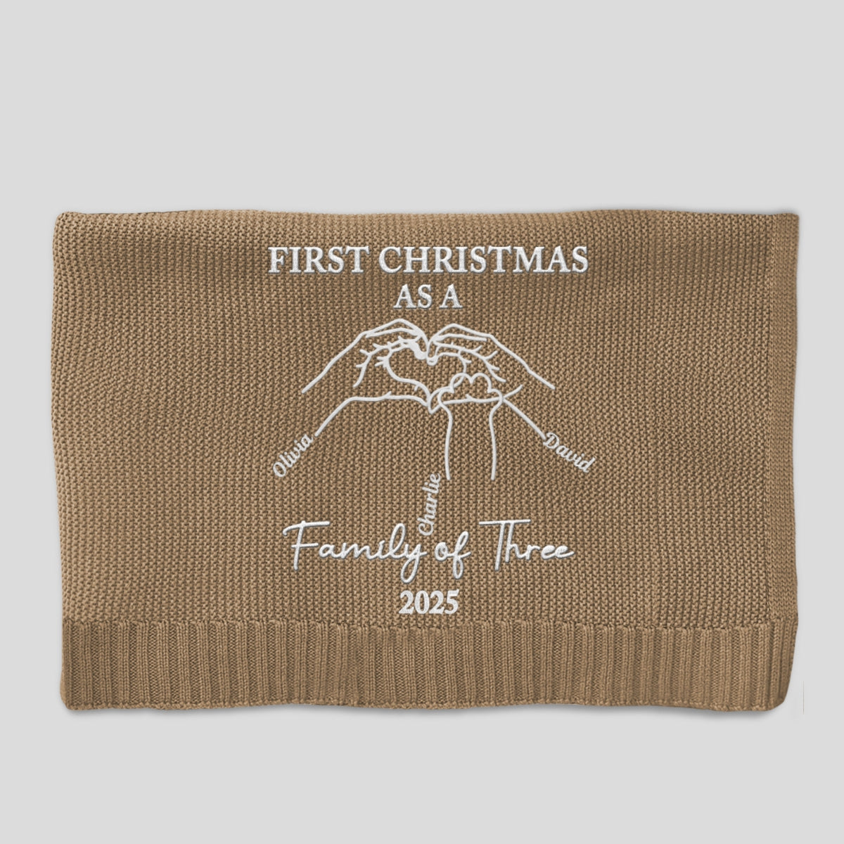 First Christmas Family Of Three - Personalized Custom Embroidered Knitted Baby Blanket