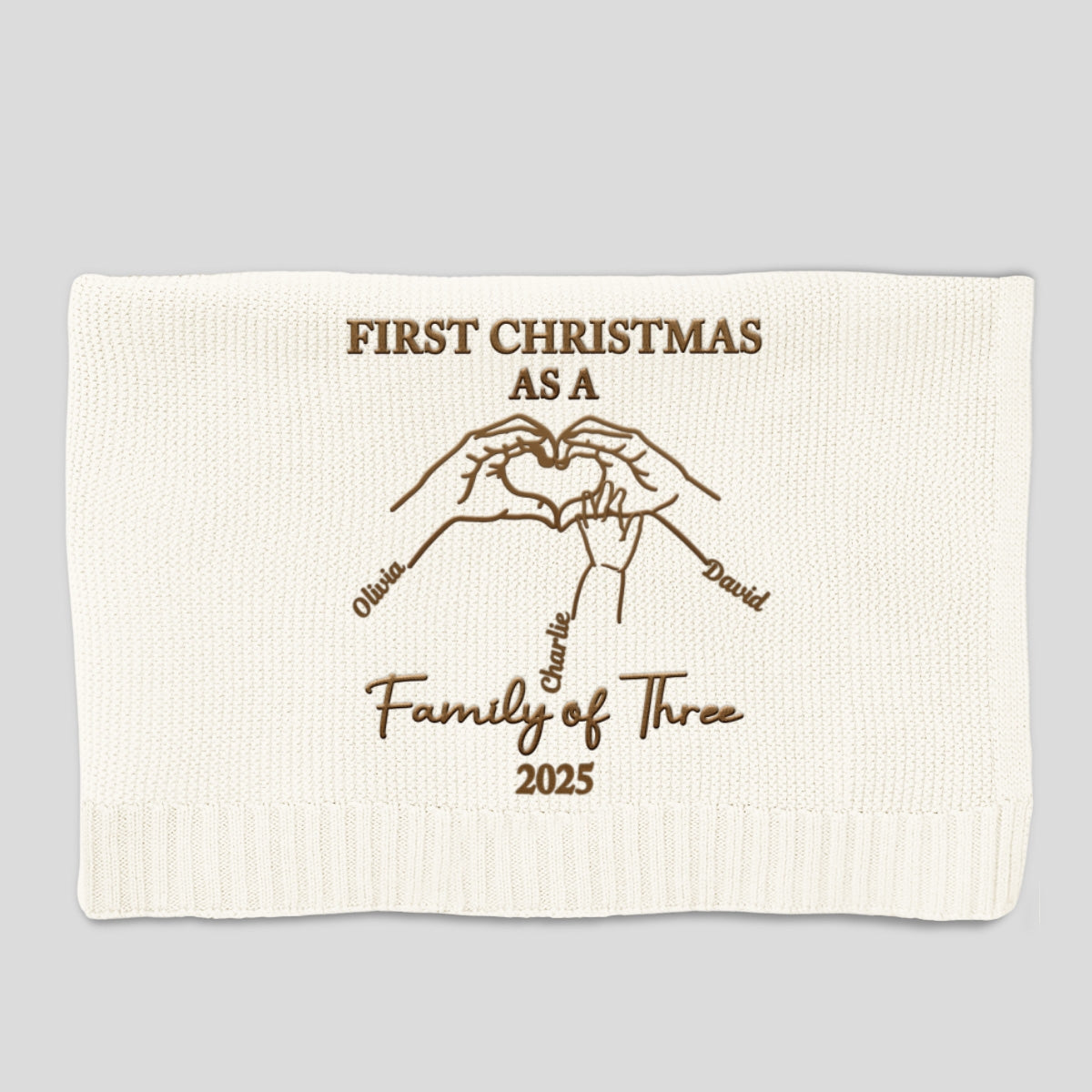 First Christmas Family Of Three - Personalized Custom Embroidered Knitted Baby Blanket