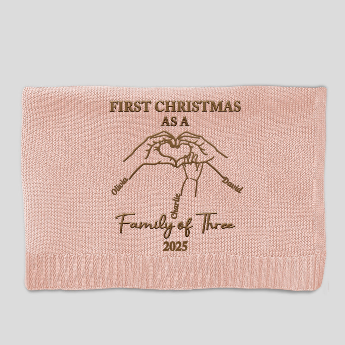 First Christmas Family Of Three - Personalized Custom Embroidered Knitted Baby Blanket