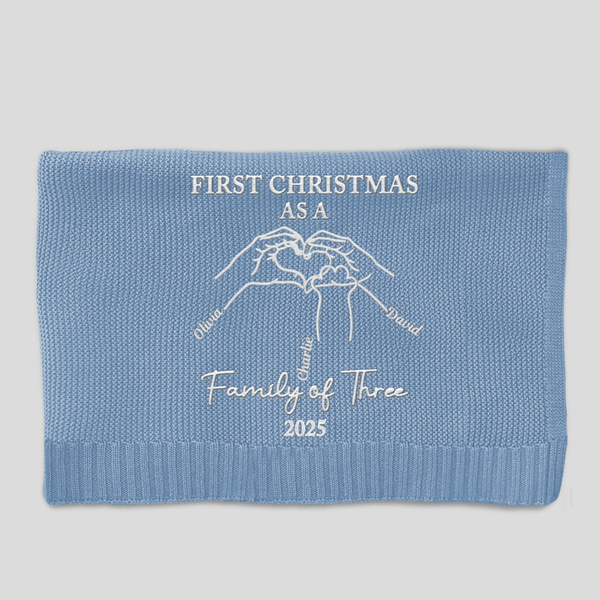 First Christmas Family Of Three - Personalized Custom Embroidered Knitted Baby Blanket