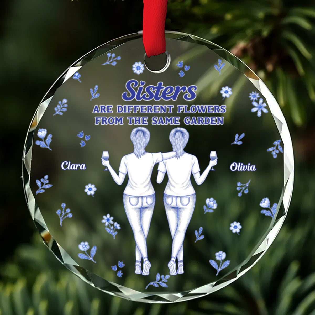 Sisters Are Flower Blue Toile - Personalized Custom Glass Ornament