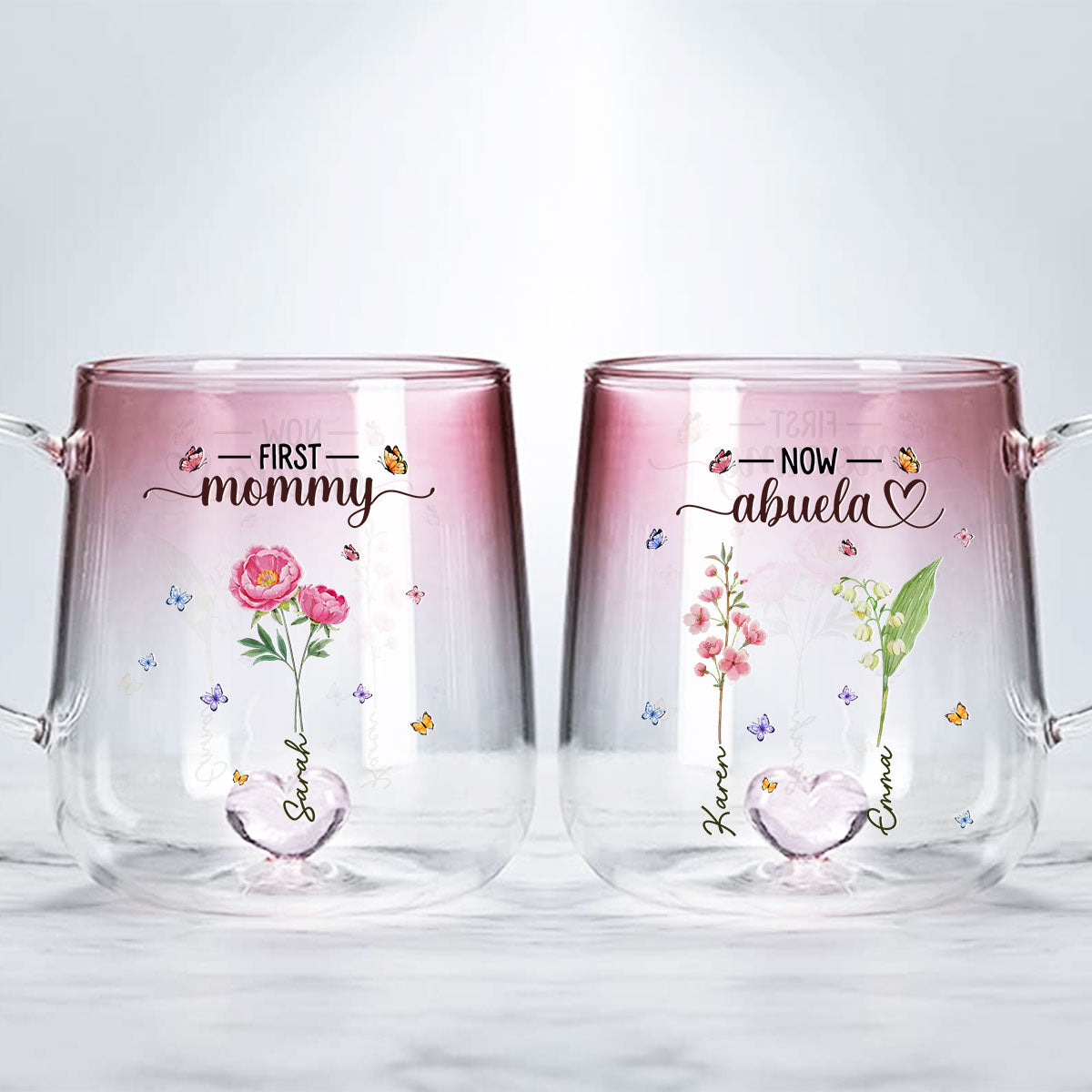 First Mom Now Grandma Flower - Personalized Custom Pink Gradient Glass Mug