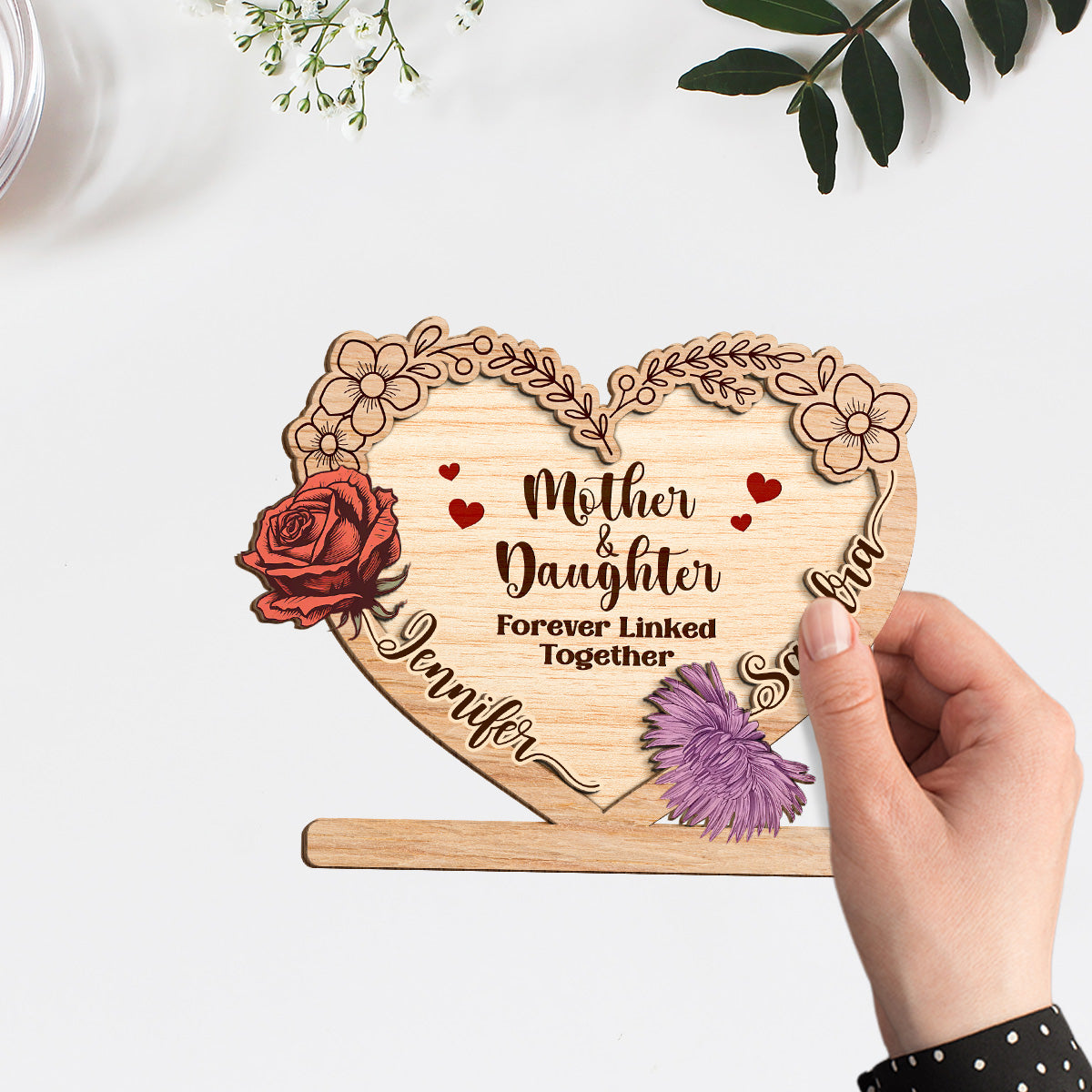 Linked Together Mom And Daughter - Personalized Custom Wooden Plaque