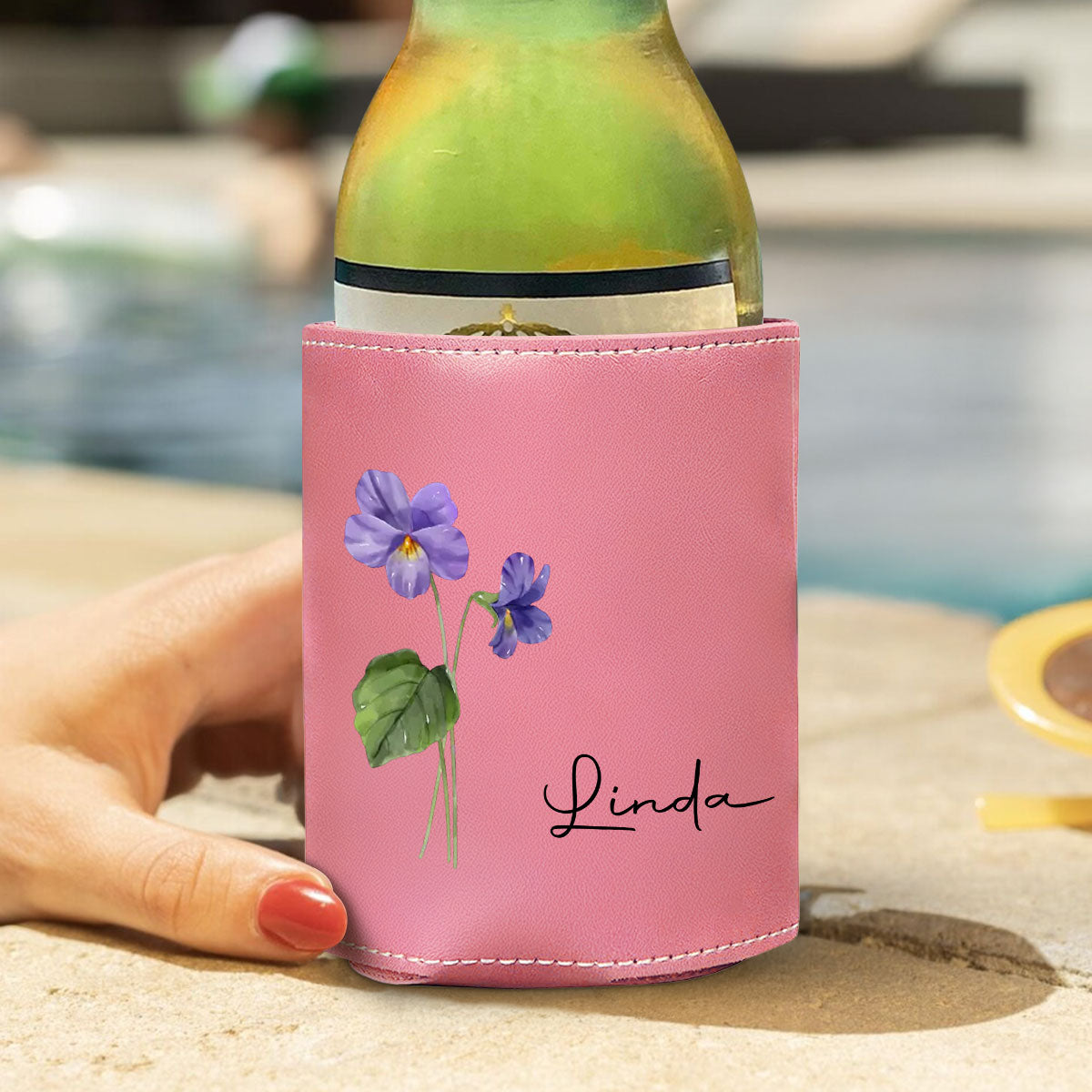 You Are The Most Beautiful Flower - Personalized Custom Pink Leather Can Cooler Holder