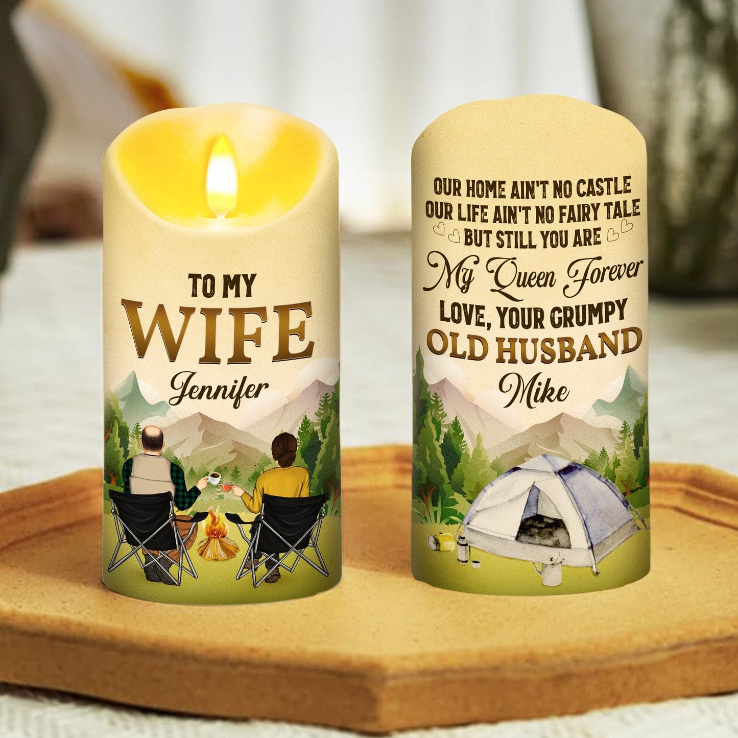 To My Wife You Are My Queen Forever Camping Version - Personalized Custom LED Candle