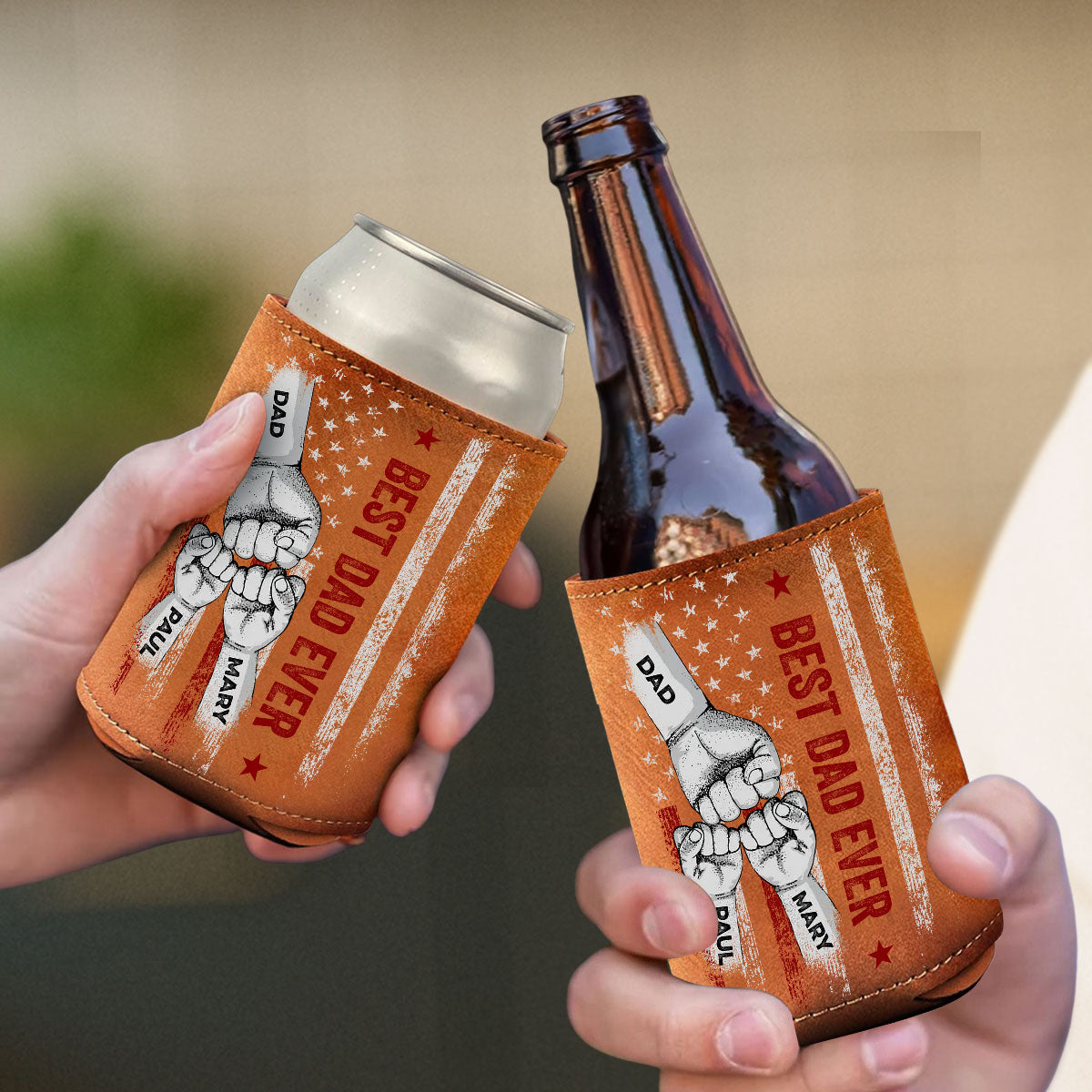 Best Bonus Dad Ever - Personalized Custom Leather Can Cooler Holder