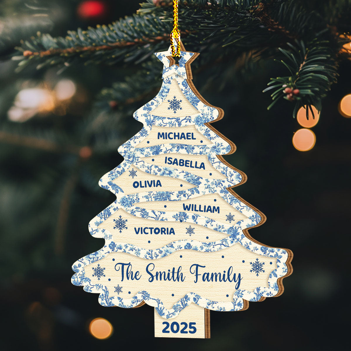 Family Names Christmas Tree Toile De Jouy - Personalized Custom Wood Ornament