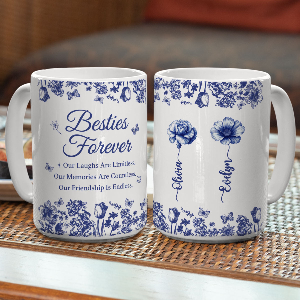 Besties Forever Blue Toile - Personalized Custom Coffee Mug