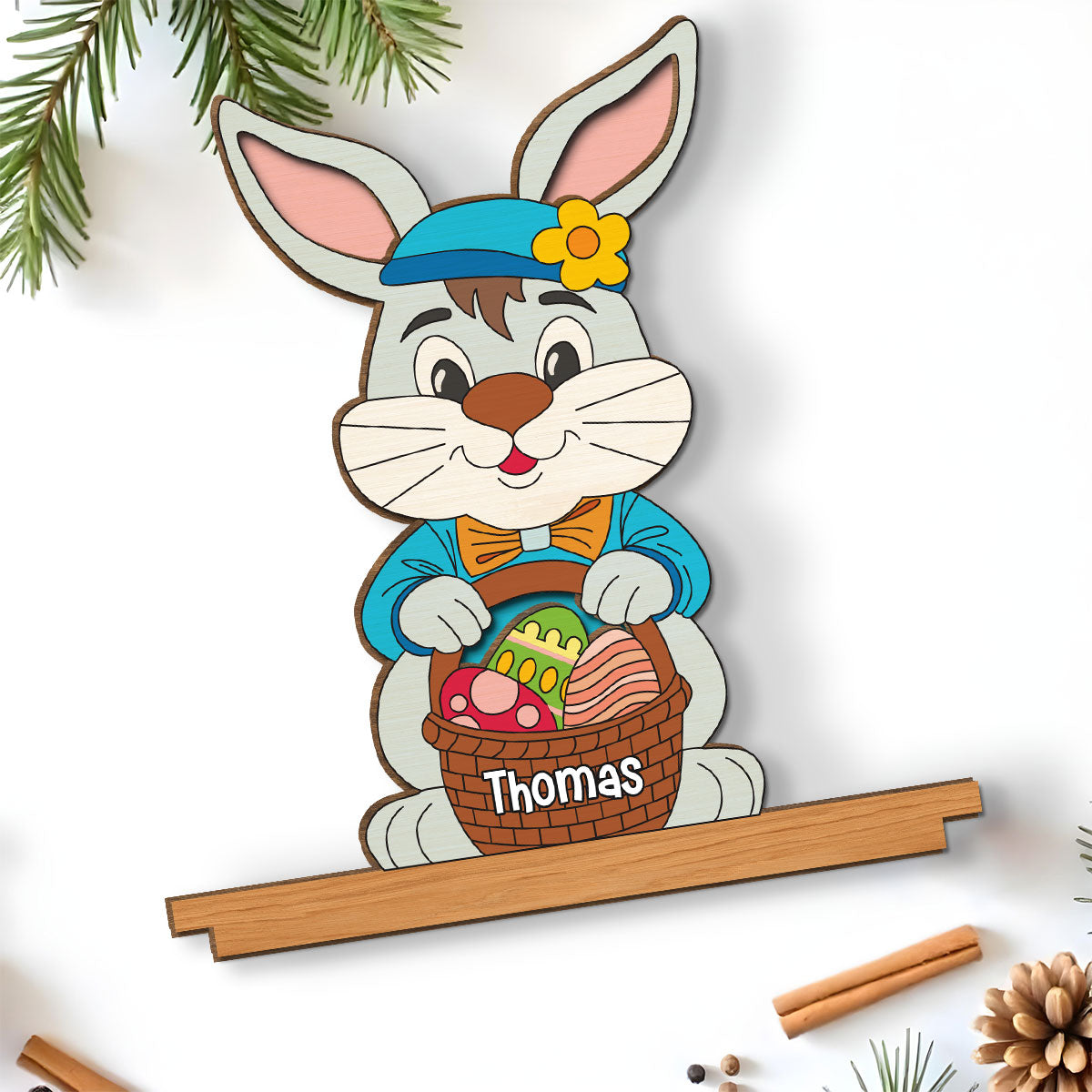 Spring Bunny Surprise - Personalized Custom 2-Layer Wood Plaque With Flat Base