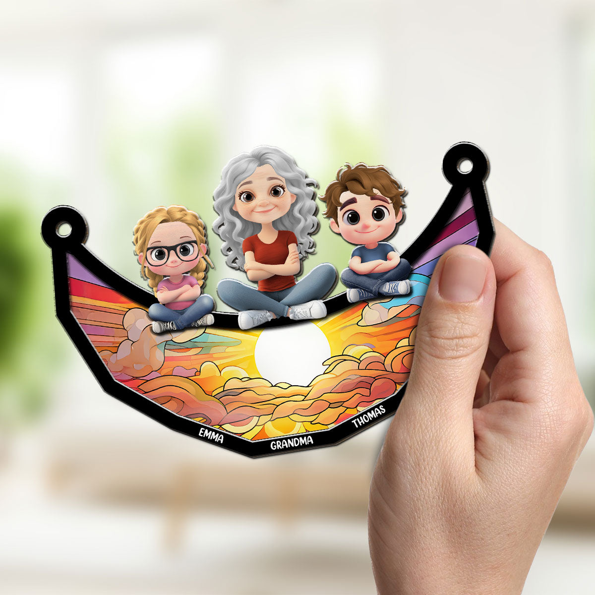 Children Grandma Mom Sitting On The Moon - Personalized Custom Suncatcher