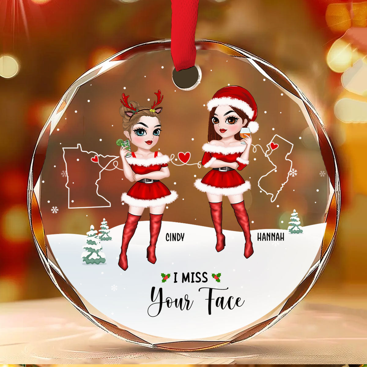 Long Distance Besties - Personalized Custom Glass Ornament