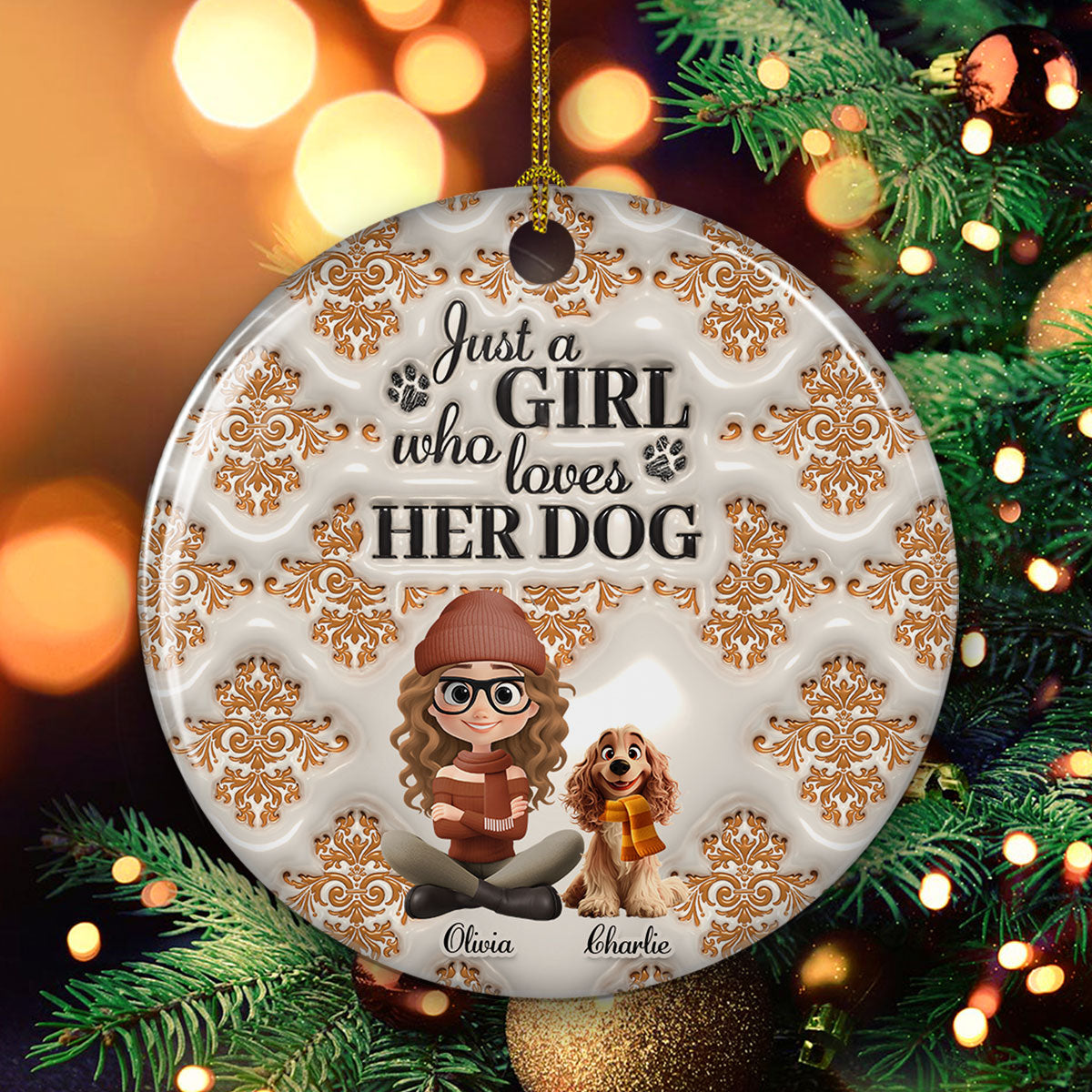 Pumskin Girl And Dog - Personalized Custom 3D Inflated Effect Ceramic Ornament
