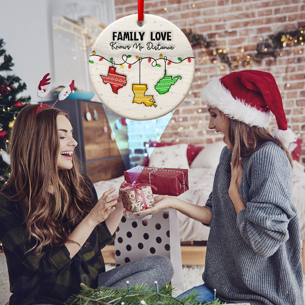 Family Love Knows No Distance - Personalized Custom 3D Inflated Effect Ceramic Ornament