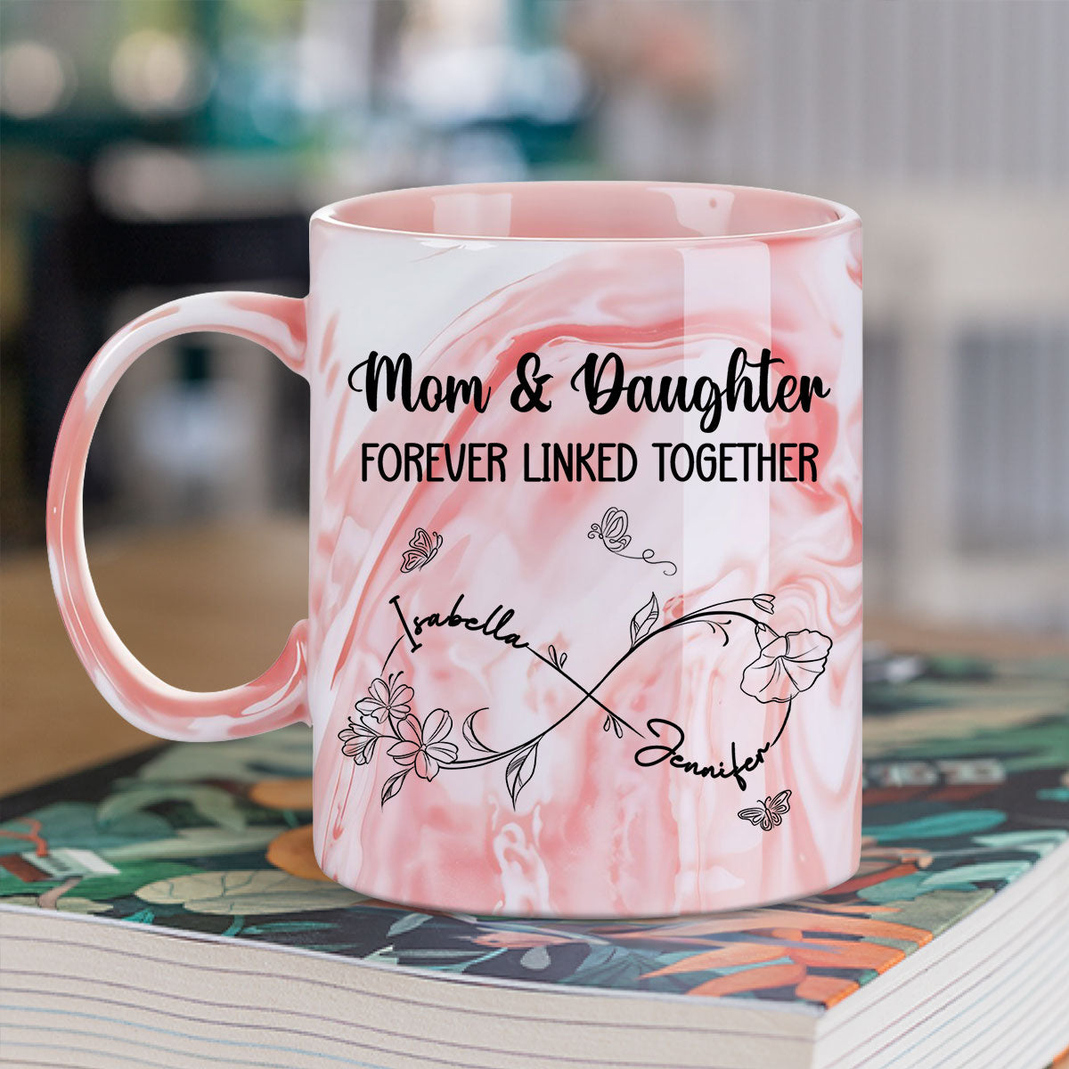 Mom And Daughter Forever Linked Together - Personalized Custom Pink Marble Mug
