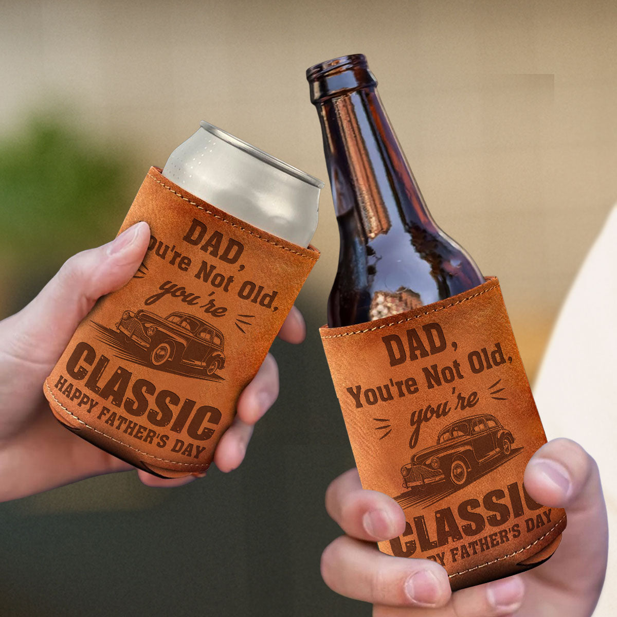 Dad You Are Not Old You Are Classic - Personalized Custom Engraved Leather Can Cooler Holder