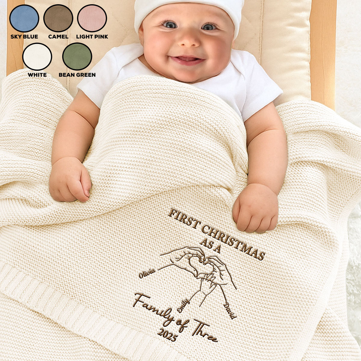 First Christmas Family Of Three - Personalized Custom Embroidered Knitted Baby Blanket