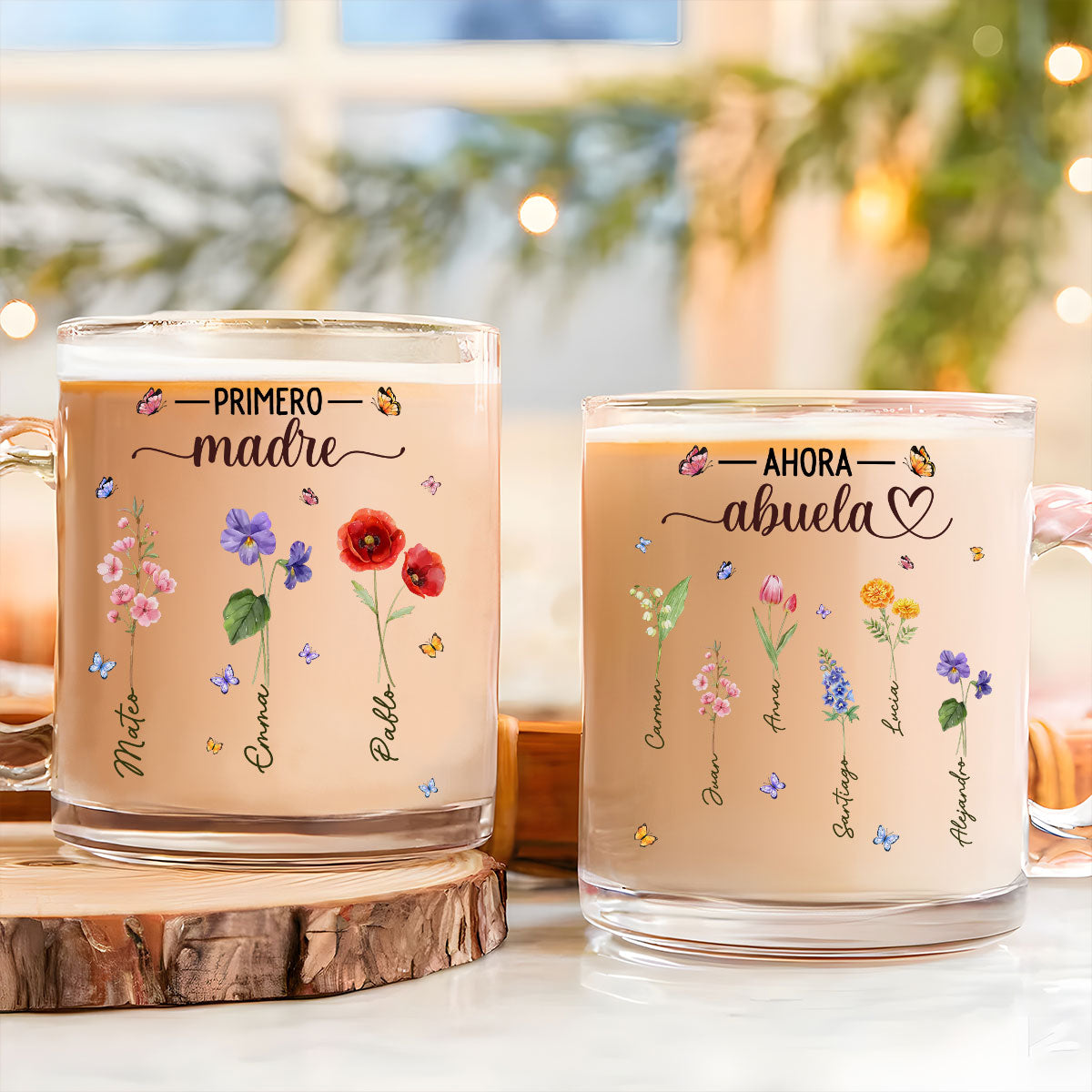 Flor del mes de nacimiento de la abuela - Taza de vidrio personalizada