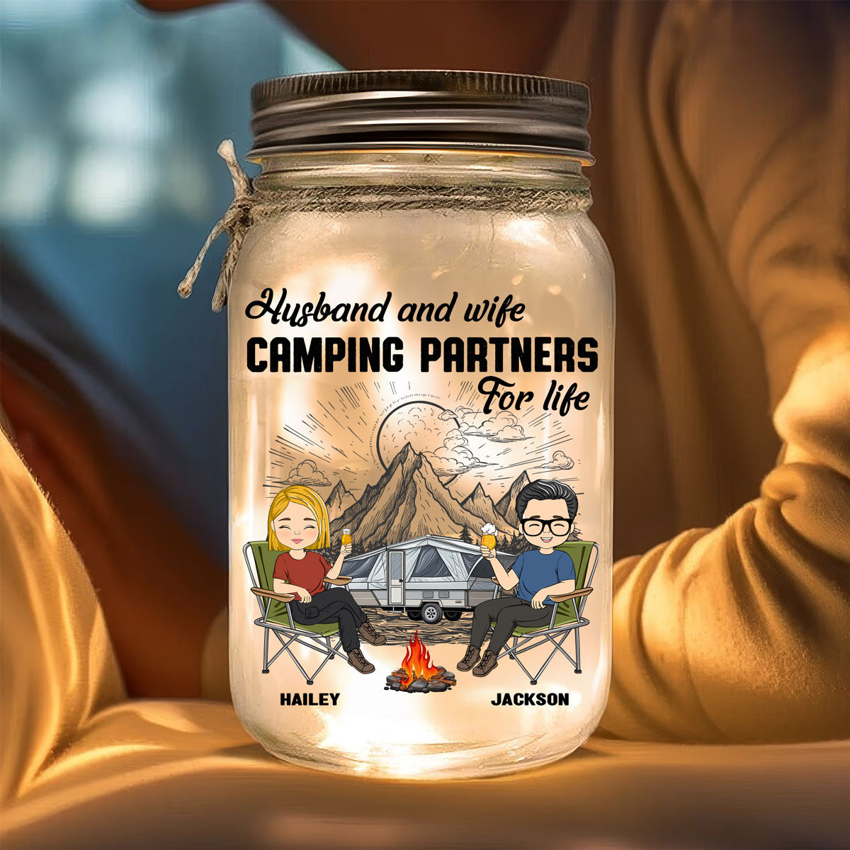 Husband And Wife Camping Partners For Life  - Personalized Custom Mason Jar Light