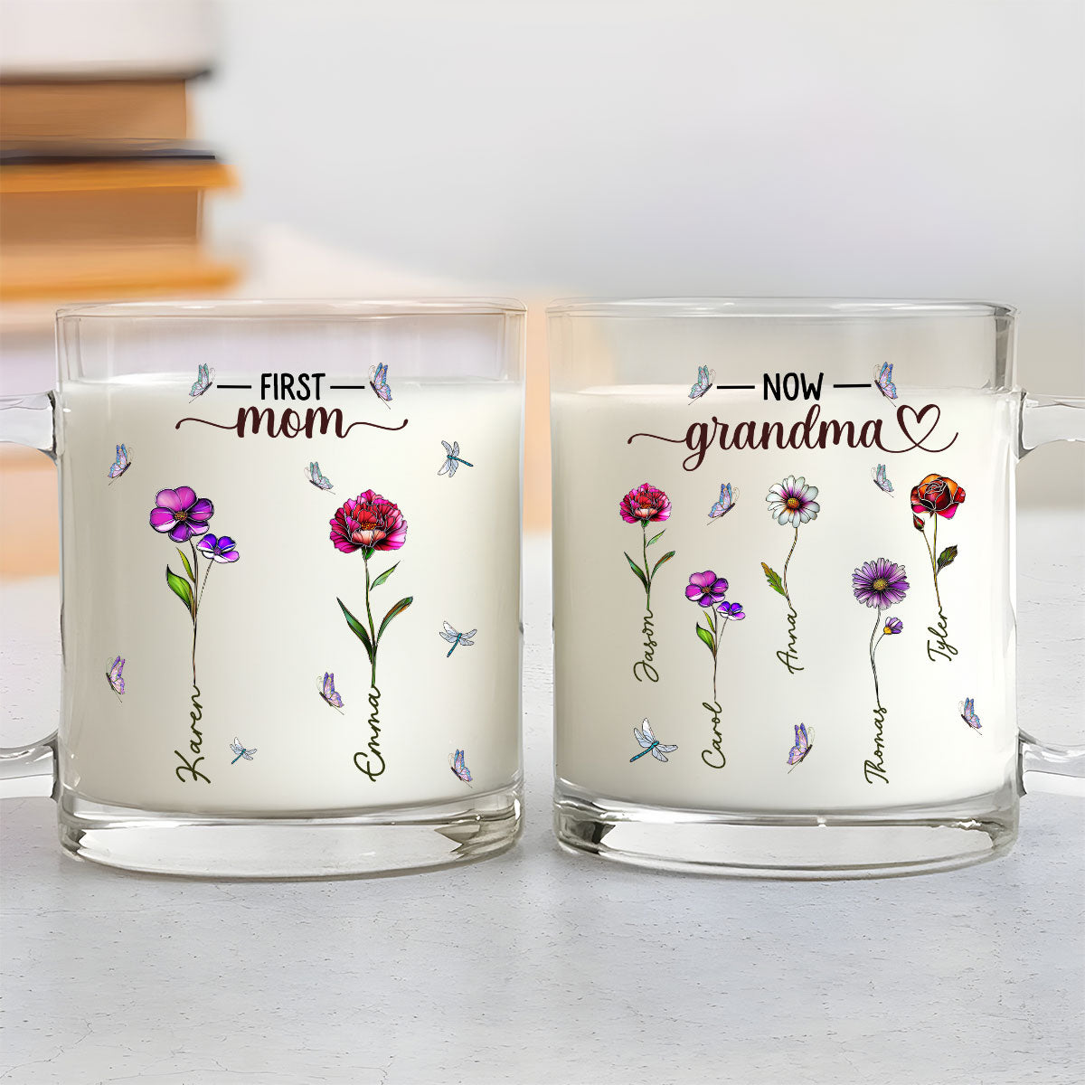 First Mom Now Nana Birthmonth Flower - Personalized Custom Glass Mug