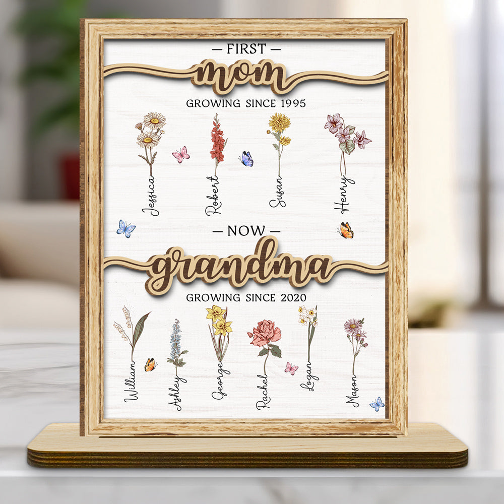 First Mom Now Grandma - Personalized Custom 2-Layer Wood Plaque With Flat Base