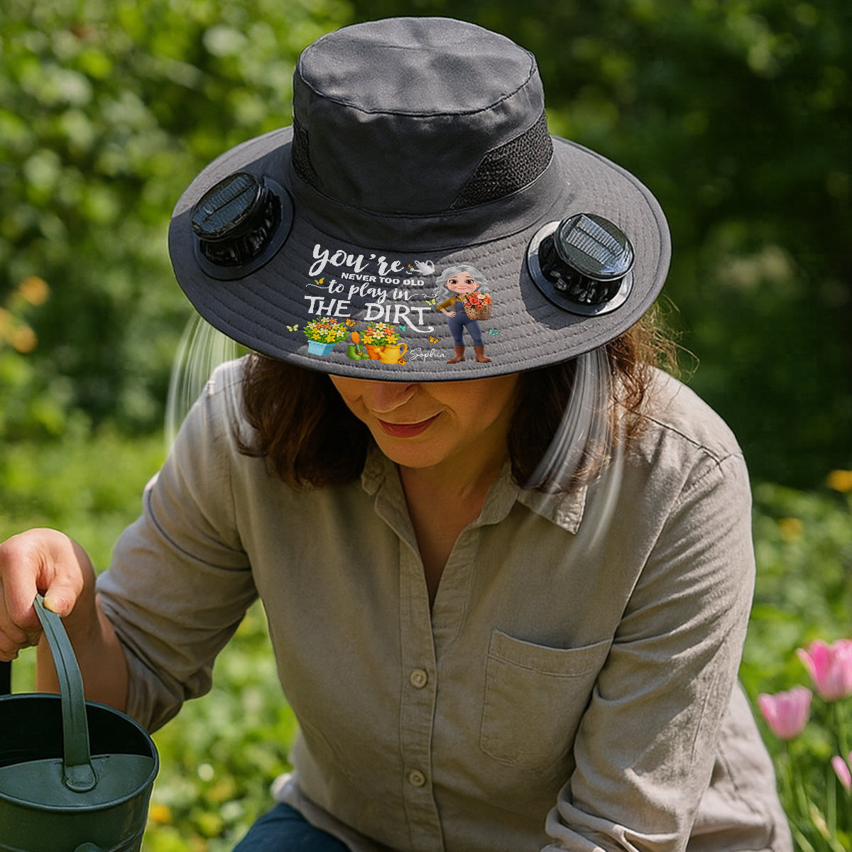 Never Too Old To Play In the Dirt - Personalized Custom Solar Fan Hat