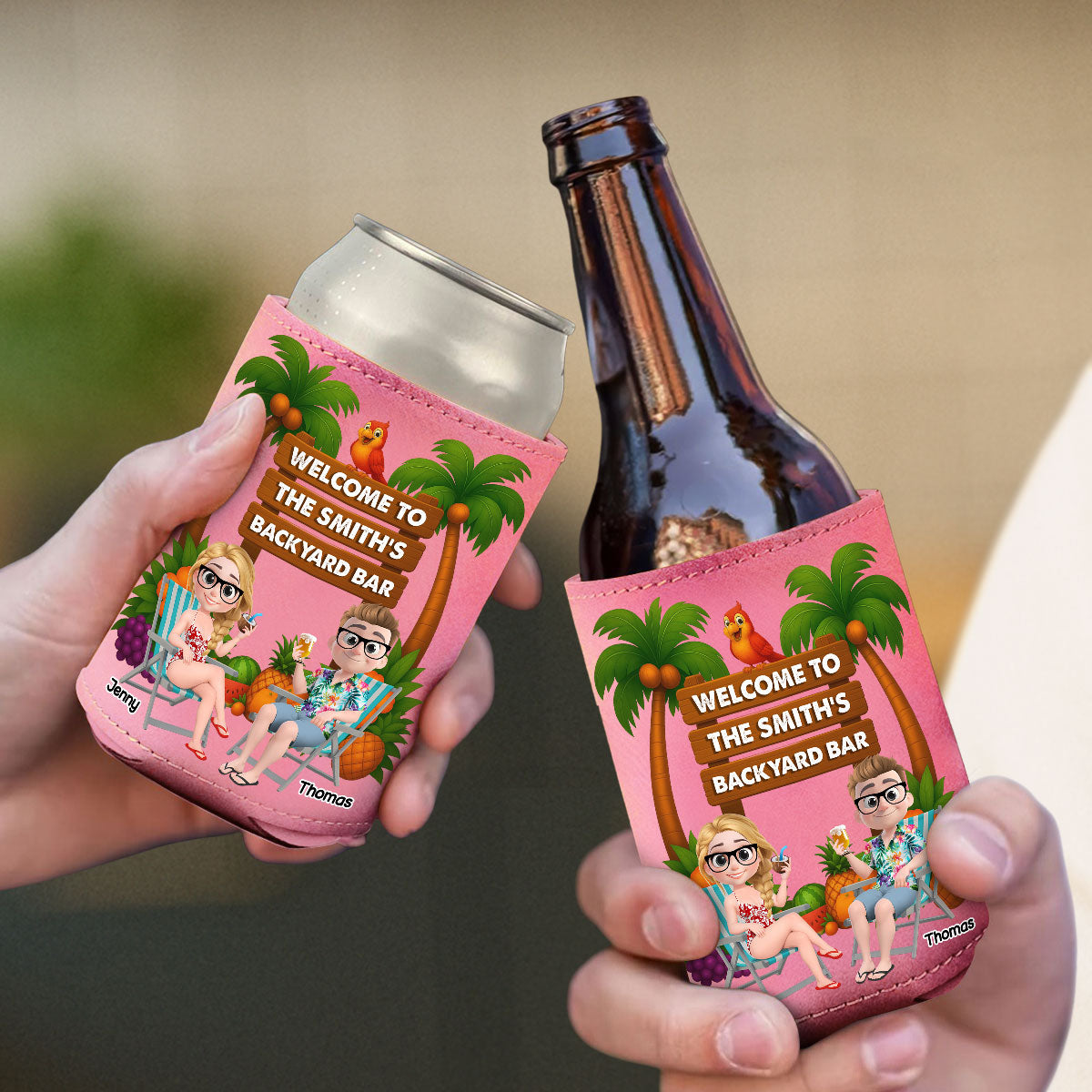 Welcome To Our Tiki Bar - Personalized Custom Pink Leather Can Cooler Holder