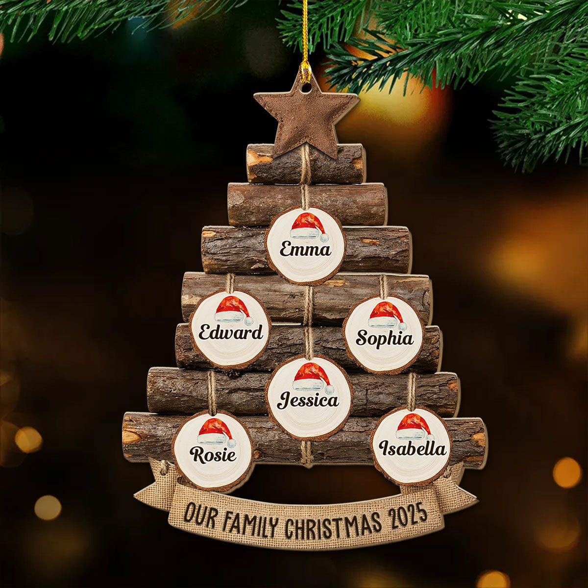 Rustic Family Christmas Tree - Personalized Custom Wood Ornament